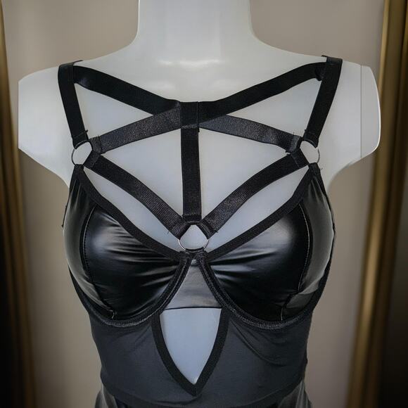 New Large Strappy Goth Vegan Leather Dress Outfit Bodysuit Mesh Skirt Set Sexy - Picture 7 of 9